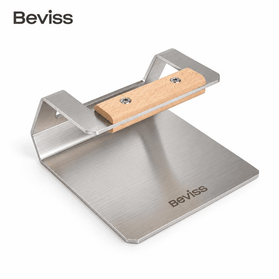 BEVISS Smash Burger Press, 304 Stainless Steel with Wood Handle, 6.3 in, 2.3 lb