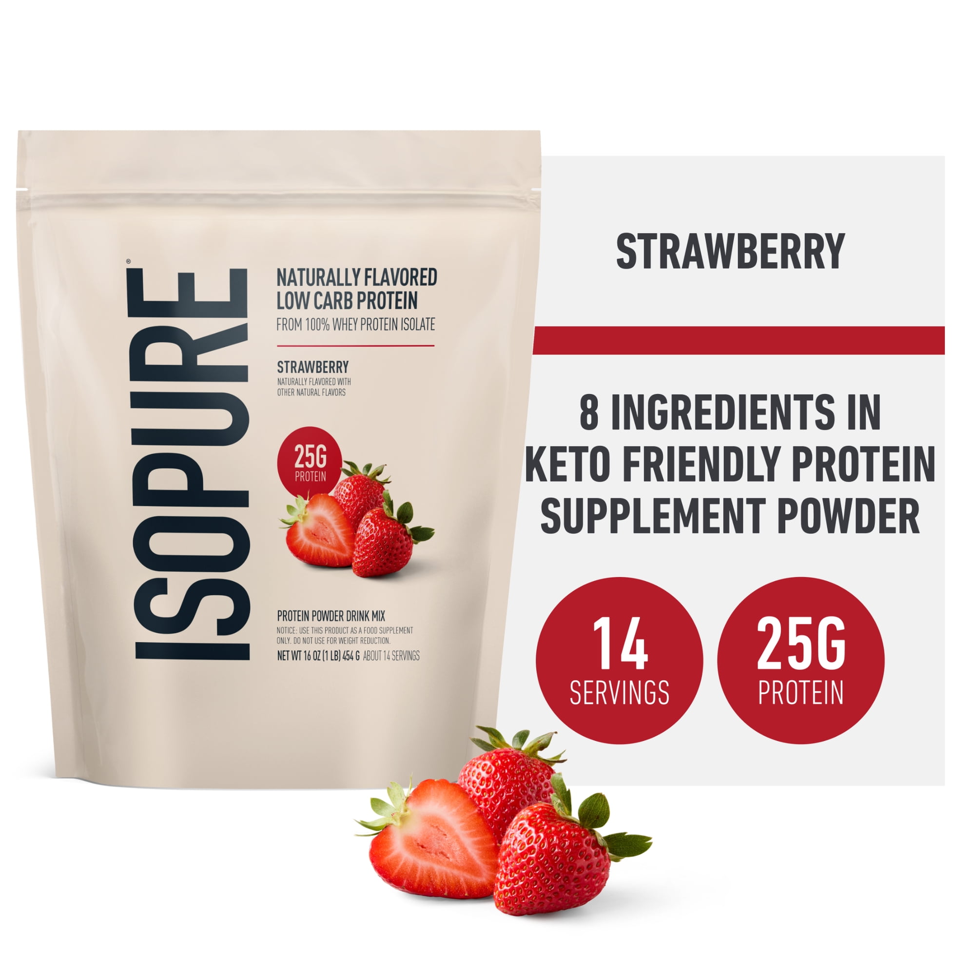 Isopure, Low Carb 100% Whey Protein Isolate, 25 g Protein Powder, Strawberry, 1 lb, 14 Servings