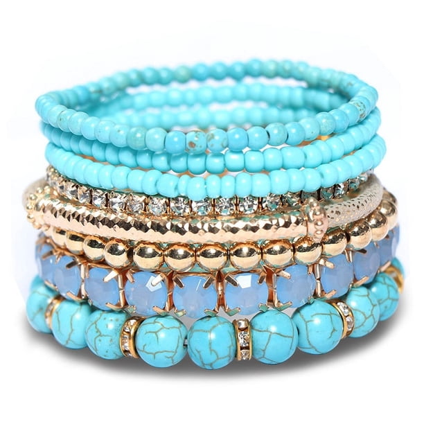 Nvzi Pulseras de cuentas apilables bohemias Pulseras de cuentas elásticas multicolores Pulsera ajustable de cuentas en capas Pulseras elásticas (azul)
