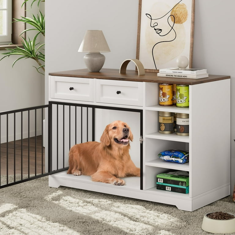 Dog Crate Furniture Wooden Dog Crate End Table 47 Dog Crate with 2 Drawers and 4 Shelves Decorative Dog Indoor Kennel Furniture Indoor with