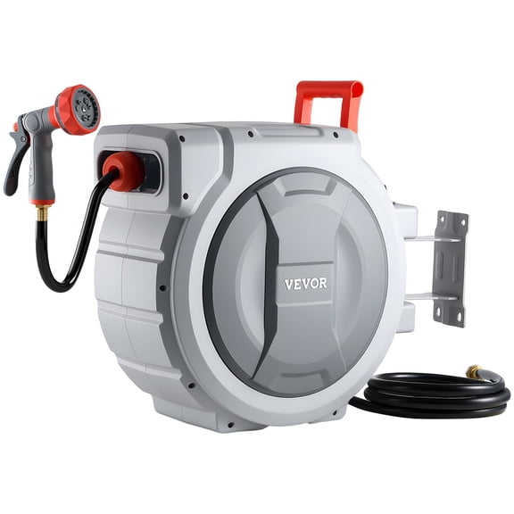 VEVOR Retractable Garden Hose Reel, 1/2 in x 130 ft, Wall Mounted Hose Reel with 9-Function Sprayer Nozzle and 180° Swivel Bracket, Any Length Lock, Automatic Slow Rewind System, for Garden Watering