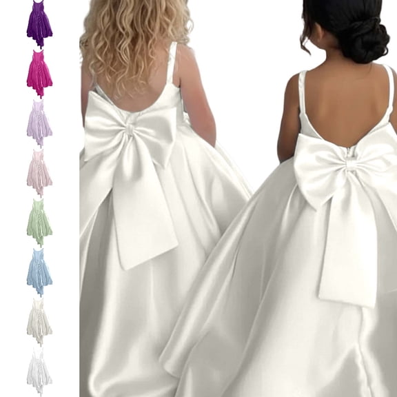 Bmisegm Girls' Dresses Spaghetti Strap Back Big Bow High Waist Floor Length A Line Gown with Sweep Train Formal Occasion Dress for Girls 5-6 Years