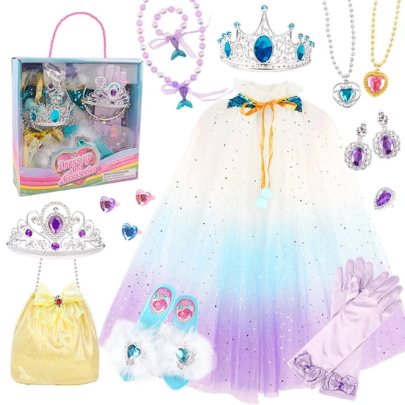 Princess Dress Up Costume Set Shoes Crown Jewelry with Princess Costume Capes for 3-12Y
