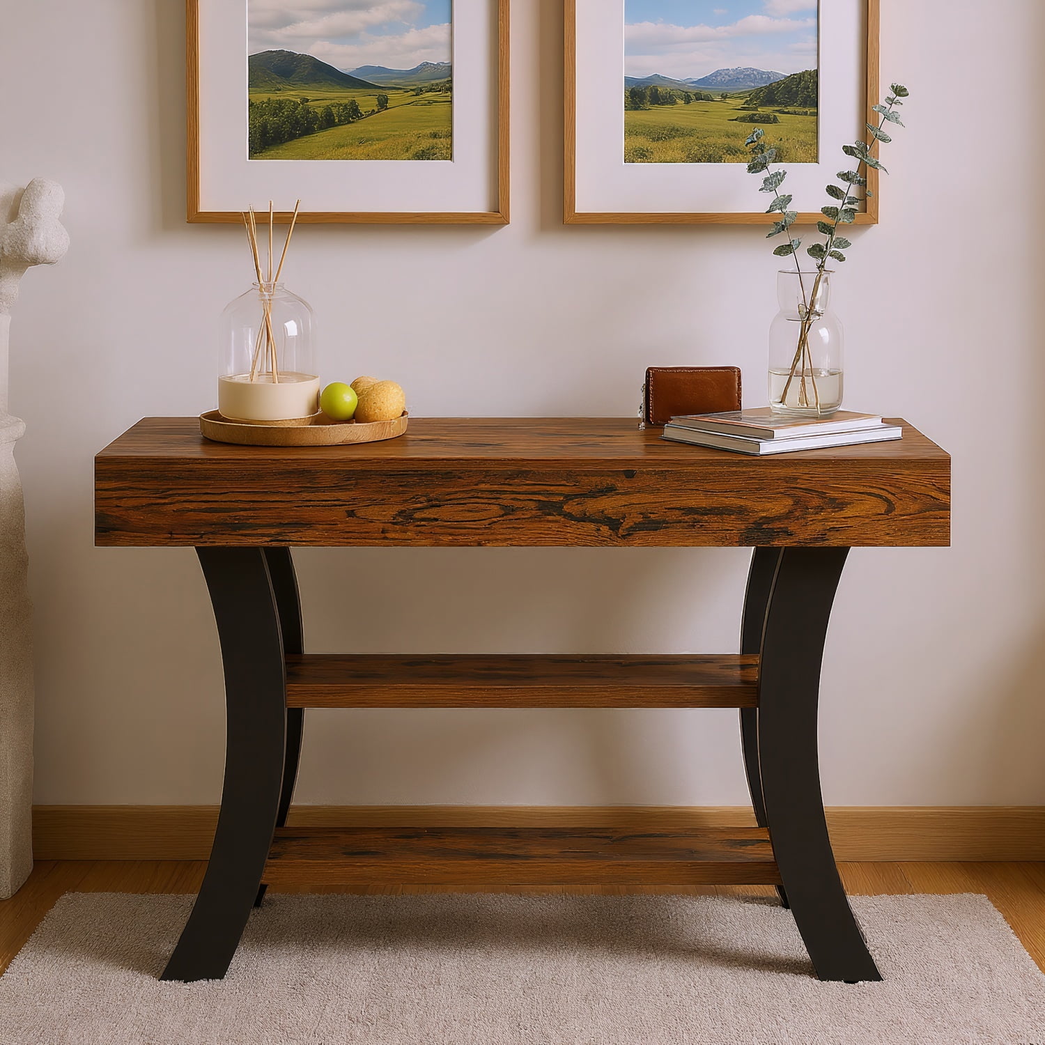Barara King Console Table, Entryway Table, Display Shelf,Industrial Rustic Console Table with Shelves and Metal Curved Legs
