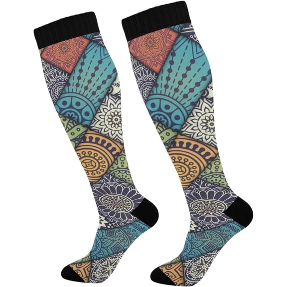GZHJMY Mandala Compression Socks, Women Men Long Stocking (20-30mmHg), Travel Knee High Stockings for Athletic Sports,Running,Cycling,Nursing