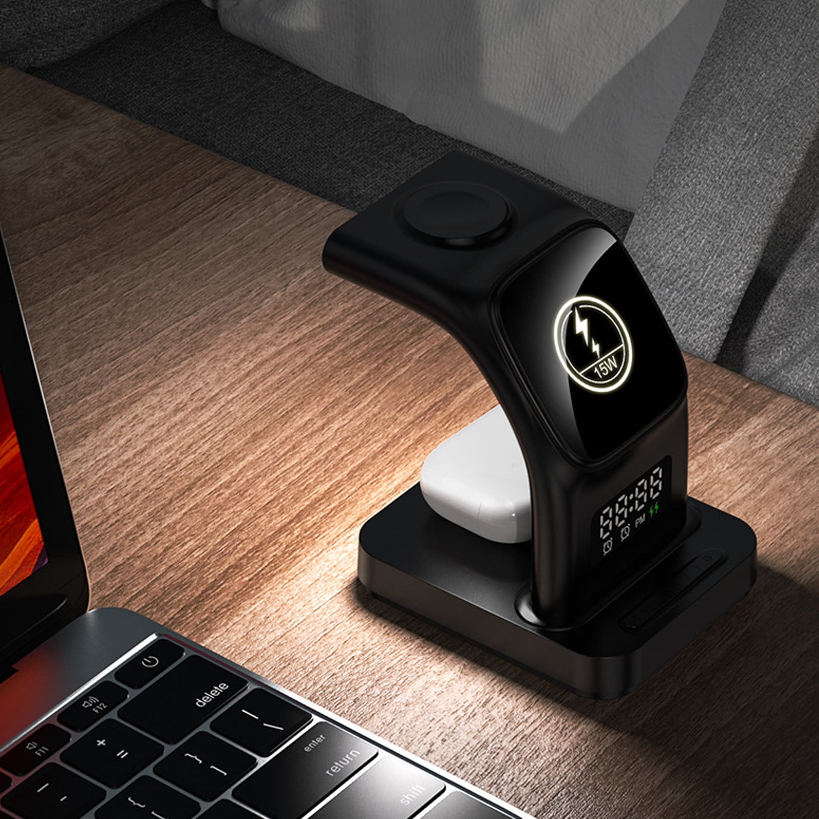 Mgaxud Multifunctional Wireless Charger Stand with LED Alarm Clock - 3 in 1 Charger for Phone, Watch, and Headset, Compatible with Most Smartphones