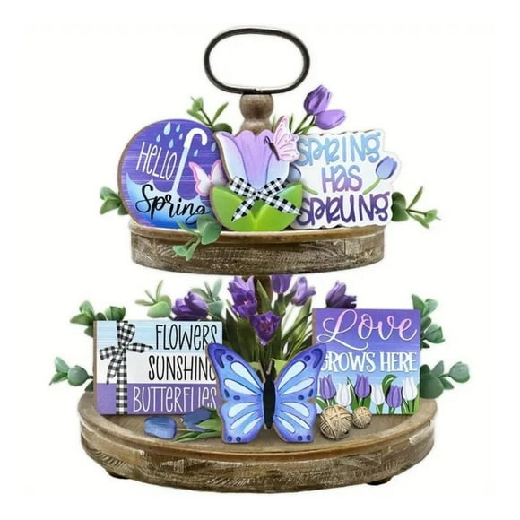 Home Decor Clearance Spring Tiered Tray Decor Purple Farmhouse Tray Decorations Set Spring Butterfly Flower Love Grows Here Buffalo Plaid Wooden Signs Spring Decor For Home Table Shelf, Purple