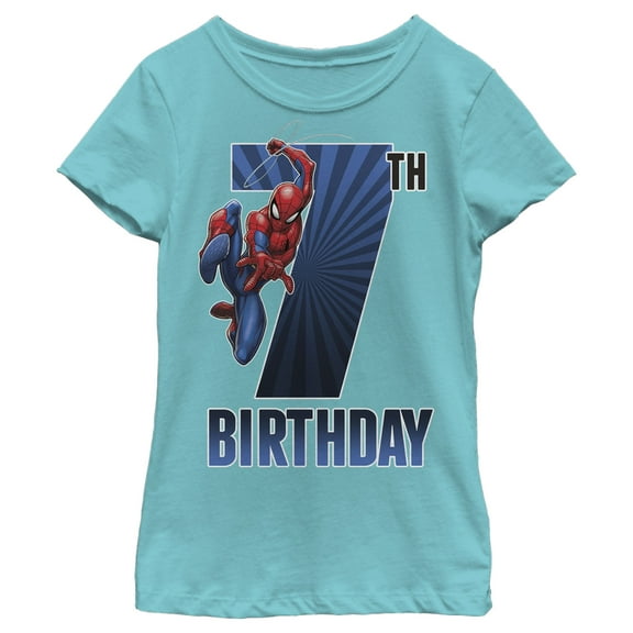 Girl's Marvel Spider-Man Swinging 7th Birthday  Graphic Tee Tahiti Blue Small