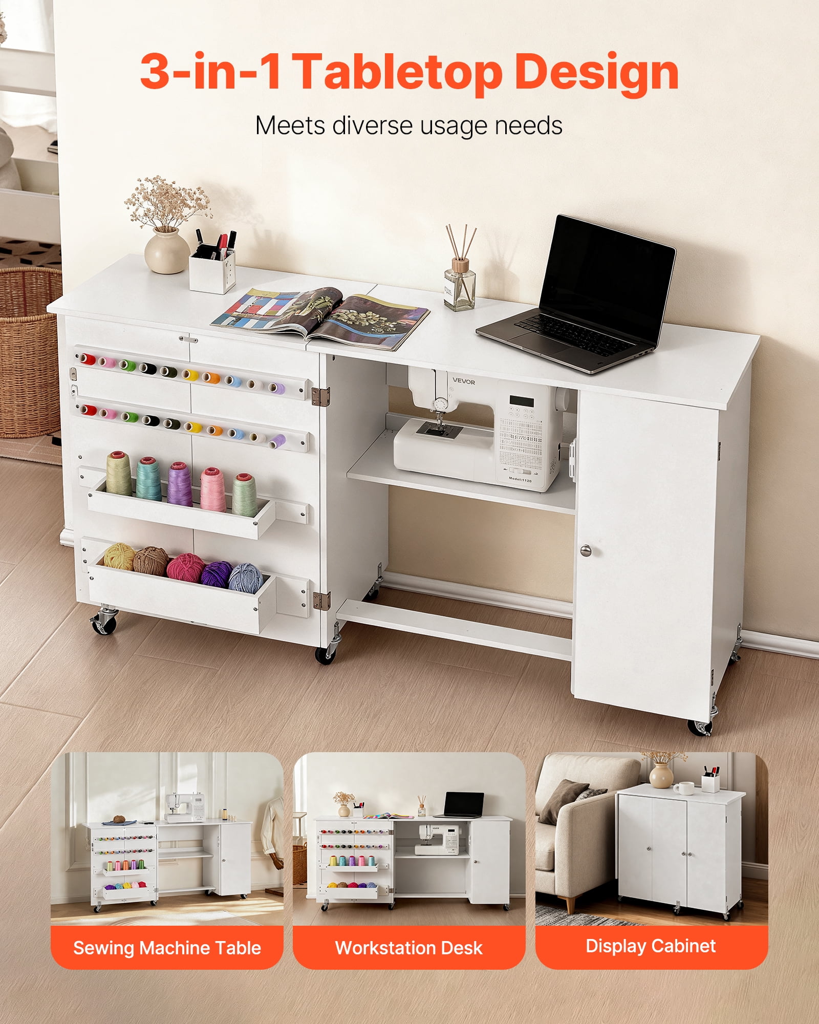 VEVOR Folding Sewing Table, Multipurpose Sewing Machine Table with Cabinet, Compact Design, Wheels, Wooden Pegs, Storage Trays and Shelf, Magnetic Door, Craft Station and Side Desk for Home, White