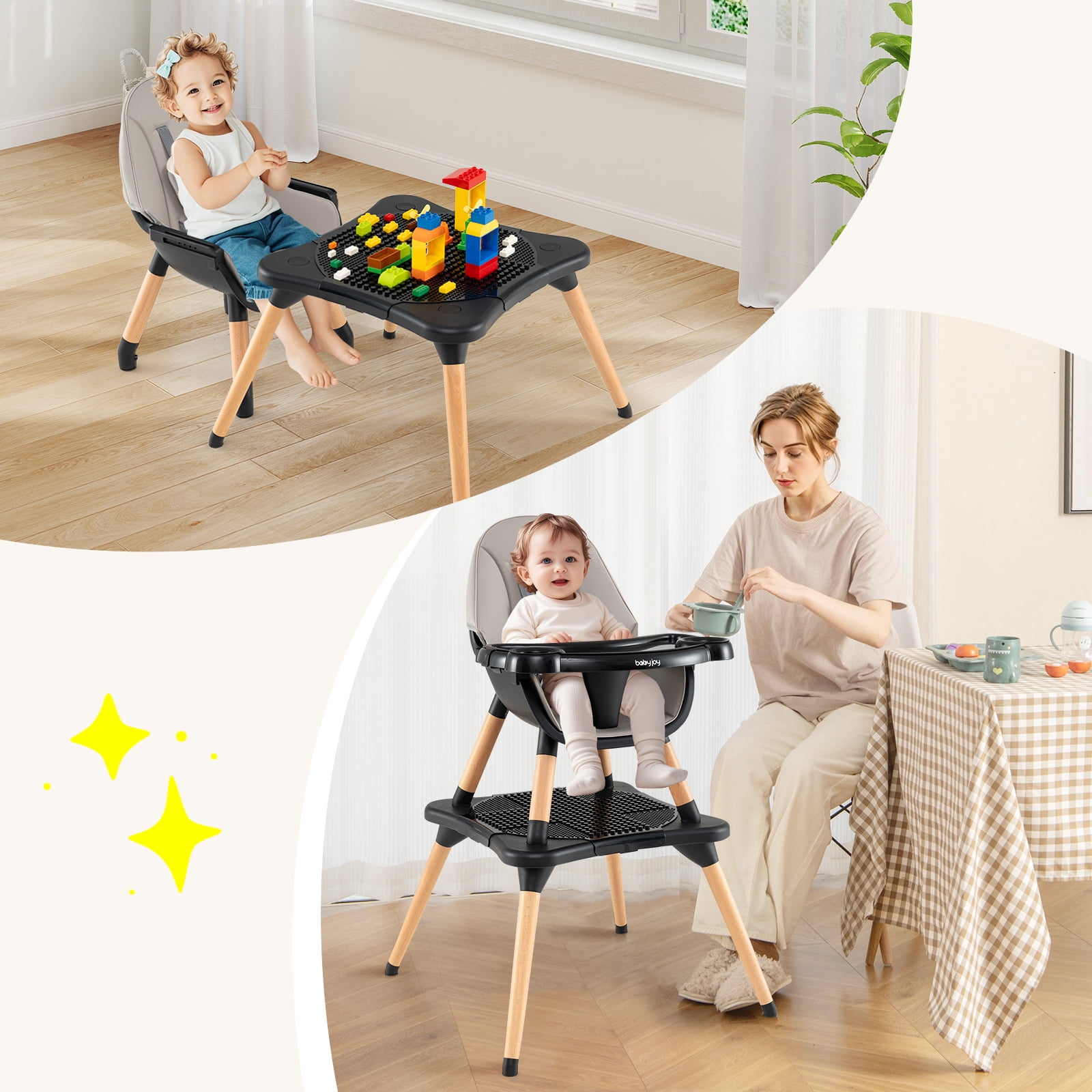 Babyjoy 6 in 1 High Chair Convertible Highchair for Babies & Toddlers with 5-Point Harness Black