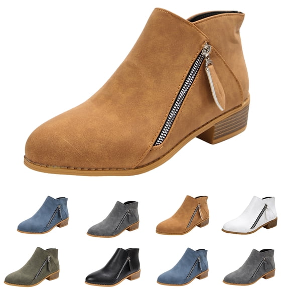 Womens Matte Upper Short Ankle Boots Pointed Toe Block Heel Dual Side Zipper Casual Outfit Fall Booties
