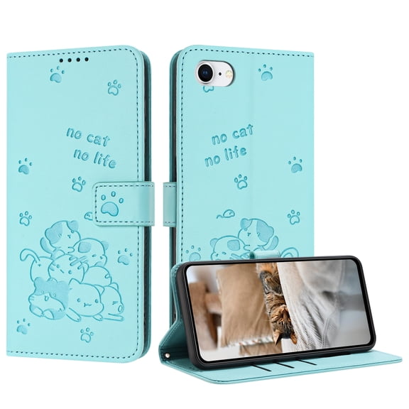 for iPhone 7 / iPhone 8 / iPhone SE 2022 & 2020 Phone Case Wallet, Embossed Cute Cat Pattern Purse Case Women Girls Wrist Strap [Card Cash Slots] [Flip Kickstand] PU Leather Protection Cover, Green