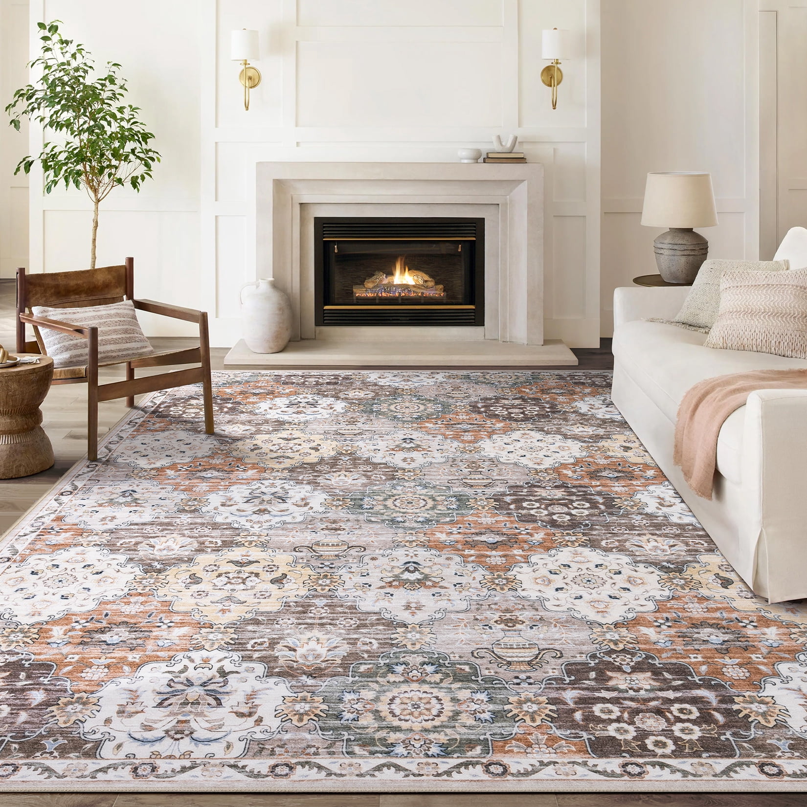 Toyoso 8x10 Area Rug Living Room Rugs - Washable Vintage Floral Soft Thin Large Rug Indoor Floor No Slip Rug Carpet for Bedroom Under Dining Table Home Office Decor - Multi Brown