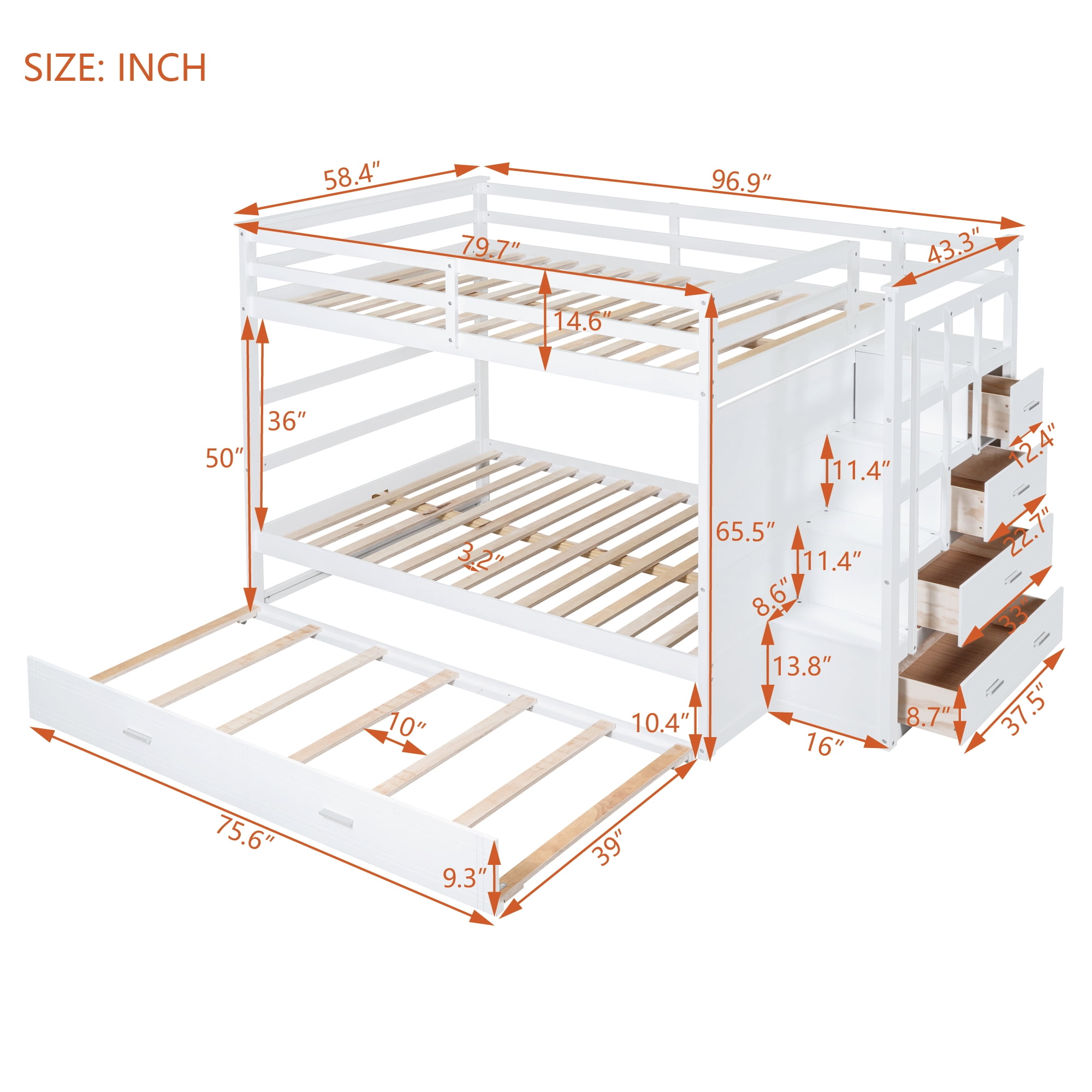 Aukfa Full over Full Bunk Bed with Trundle and Staircase, Wood Bunk Bed with 4 Storage Drawers for Kids, Teens - White