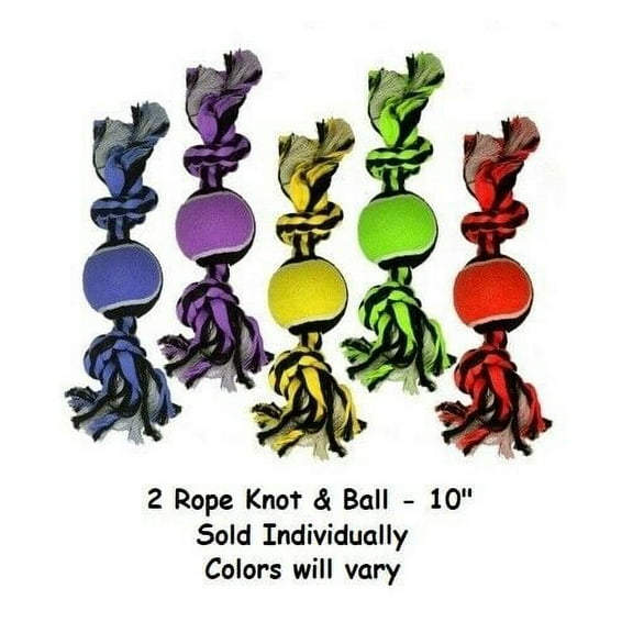 Nuts For Knots Dog Rope Toys Tennis Ball Durable Chew Choose Shape Colors Vary (2 Knot Rope & Ball - 10")