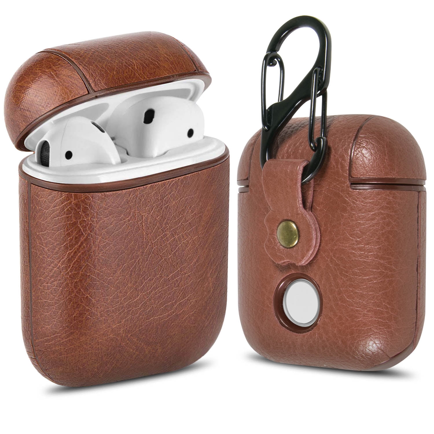 Brown Genuine Leather Airpod Case Cover with Keychain Compatible Apple Airpods 1&2 Protective Front Led Visible Shockproof Drop-Proof Dust-Proof MAPUCE Airpods Case Leather 