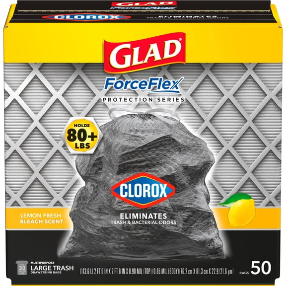Glad Large 30 Gallon OKA4 Trash Bags, Lemon Fresh Bleach Heavy Duty Garbage Bags, Forceflex with Drawstring, 50 Count (Packaging May Vary)