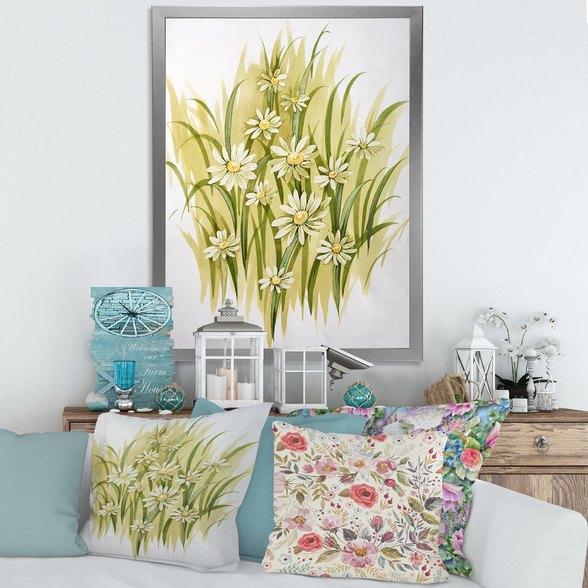 Designart 'Abstract White Meadow Flowers' Traditional Framed Art Print