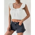 thumbnail image 2 of Women Top Bow Knot Front Neck Sleeveless Top Ruffle Rib Knit Slim Blouse Pure Color Blouse White L, 2 of 6