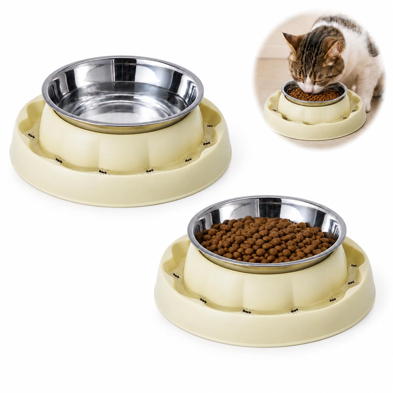 2 Pack Ant Proof Elevated Dog Bowls with Stainless Steel Bowls, Water moat barrier, anti-slip base, spill control tray, and easy-clean design for cats, puppies & small dogs