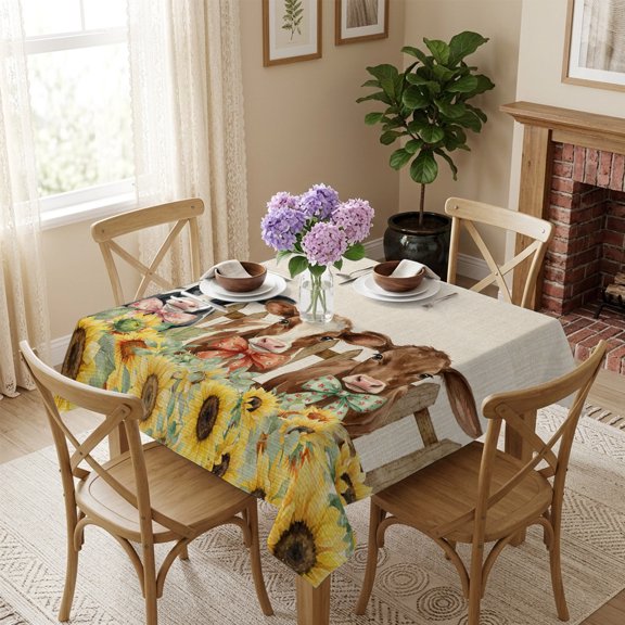 Rustic Farmhouse Square Tablecloth 60x60 Inch Retro Country Sunflowers Beige Linen Waterproof Polyester Table Cover, Washable Stain Resistant Tablecloth for Dining Table Kitchen Wedding