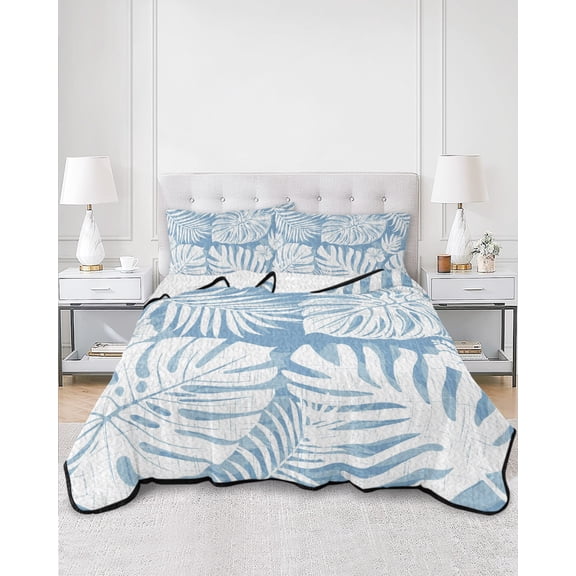 Quilts Queen Size, Palm Tree Monstera Soft Comforter Bedding Set for Bed, Sky Blue Leaf Boho Botanical Tropical Lightweight Quilted Bedspread with Pillow Cover(2 Pieces) for All Season, 90x96 Inch