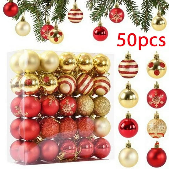 50pcs Christmas Balls Ornaments Set, Shatterproof Plastic Decor, Assorted Decorative Baubles Set for Xmas Tree/Home/Wedding/Party/Holiday, Red & Gold