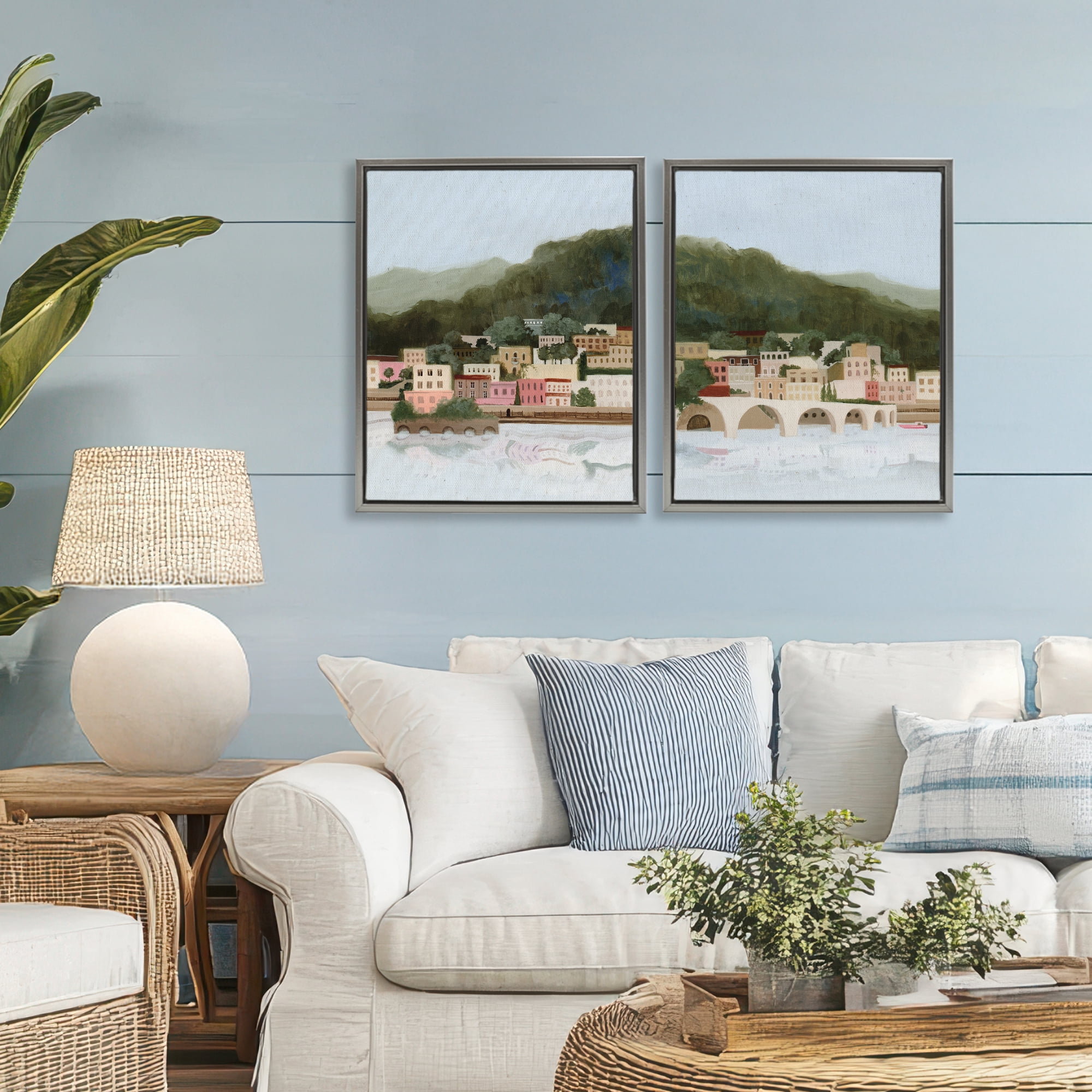 Stupell Industries Mountain Town by Sea 2 Piece Gray Framed Floater Canvas Set, design by Grace Popp