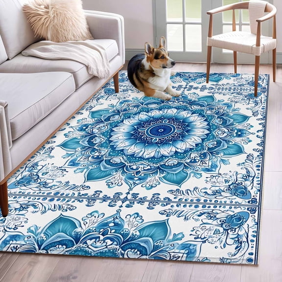 White Blue Boho Area Rug 4x6 Washable Rug Non Slip Modern Floral Abstract Art Ethnic Tribal Large Area Rug Indoor Floor Carpet for Entryway Bedroom Kitchen Living Room Home Office Dining Room Nursery