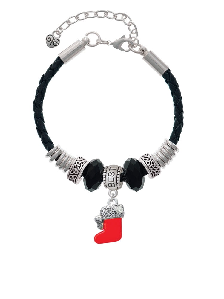 Delight Jewelry Silvertone 3-D Red Christmas Stocking Best Friend Celtic Knot Leather Bead Bracelet, 7"+2" Extender