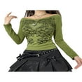 thumbnail image 3 of POINTERTECK Women Close-fitting Pullover T-shirts Autumn Spring White Printed Pattern Long Sleeve V-neck Tops Green M, 3 of 8