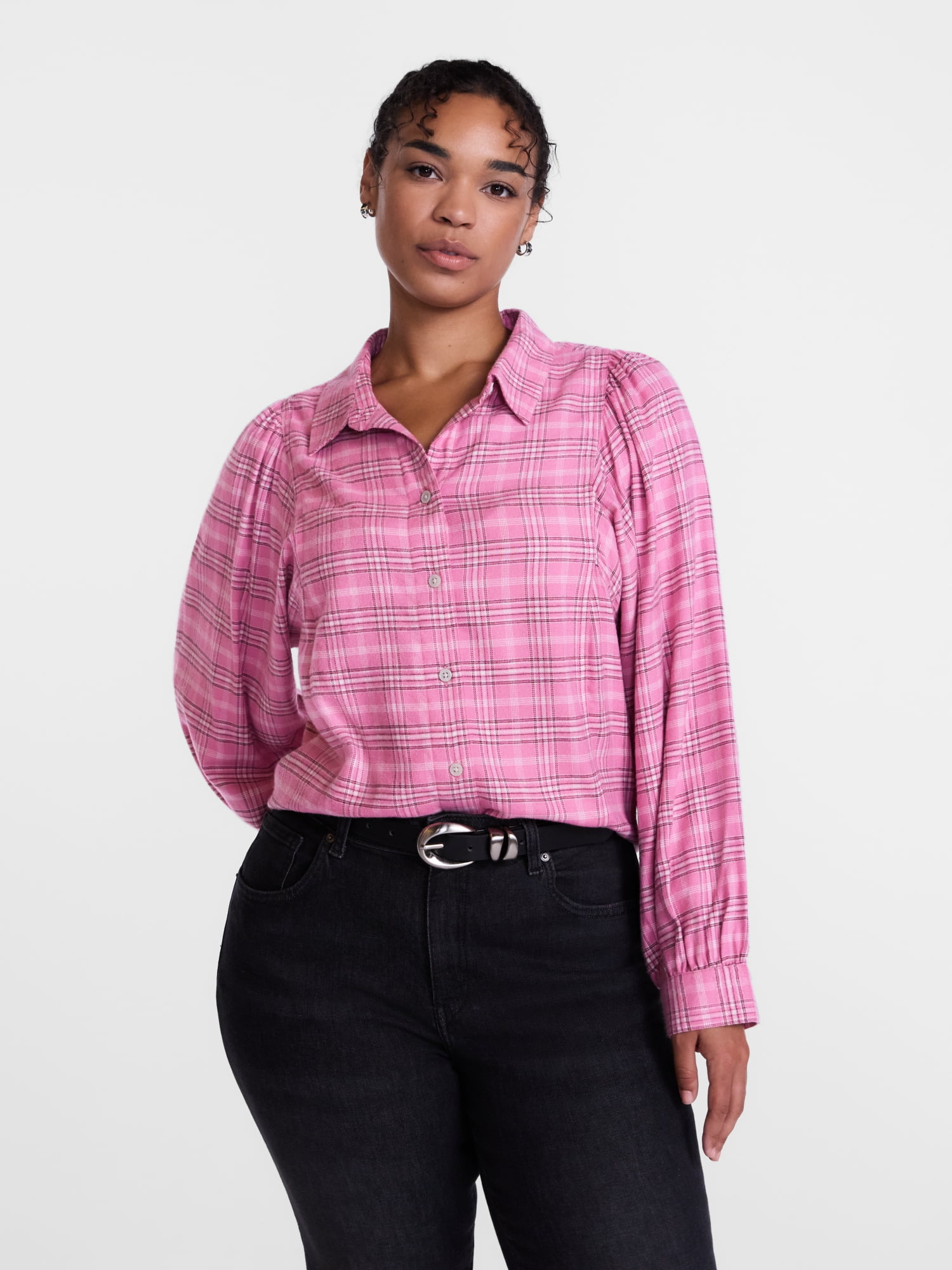Scenario Women's Plaid Shirt with Long Puff Sleeves, Sizes XS-XXXL