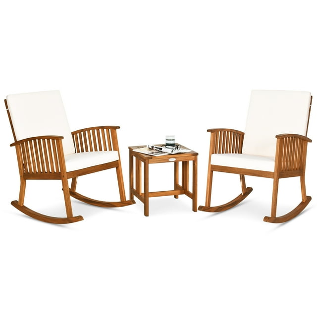 Gymax 3 Pieces Acacia Wood Rocking Bistro Set w/ Coffee Table and Cushions for Lawn