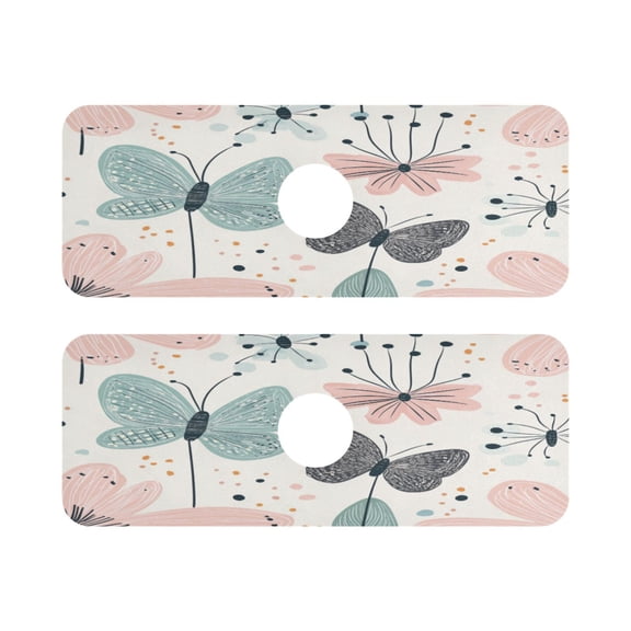 Whimsical Butterfly Art Quick Dry Silicone Algae Faucet Pad 14.7x5.4in 2 Pack Absorbent Mat for Kitchen Sink, Bathroom Countertop