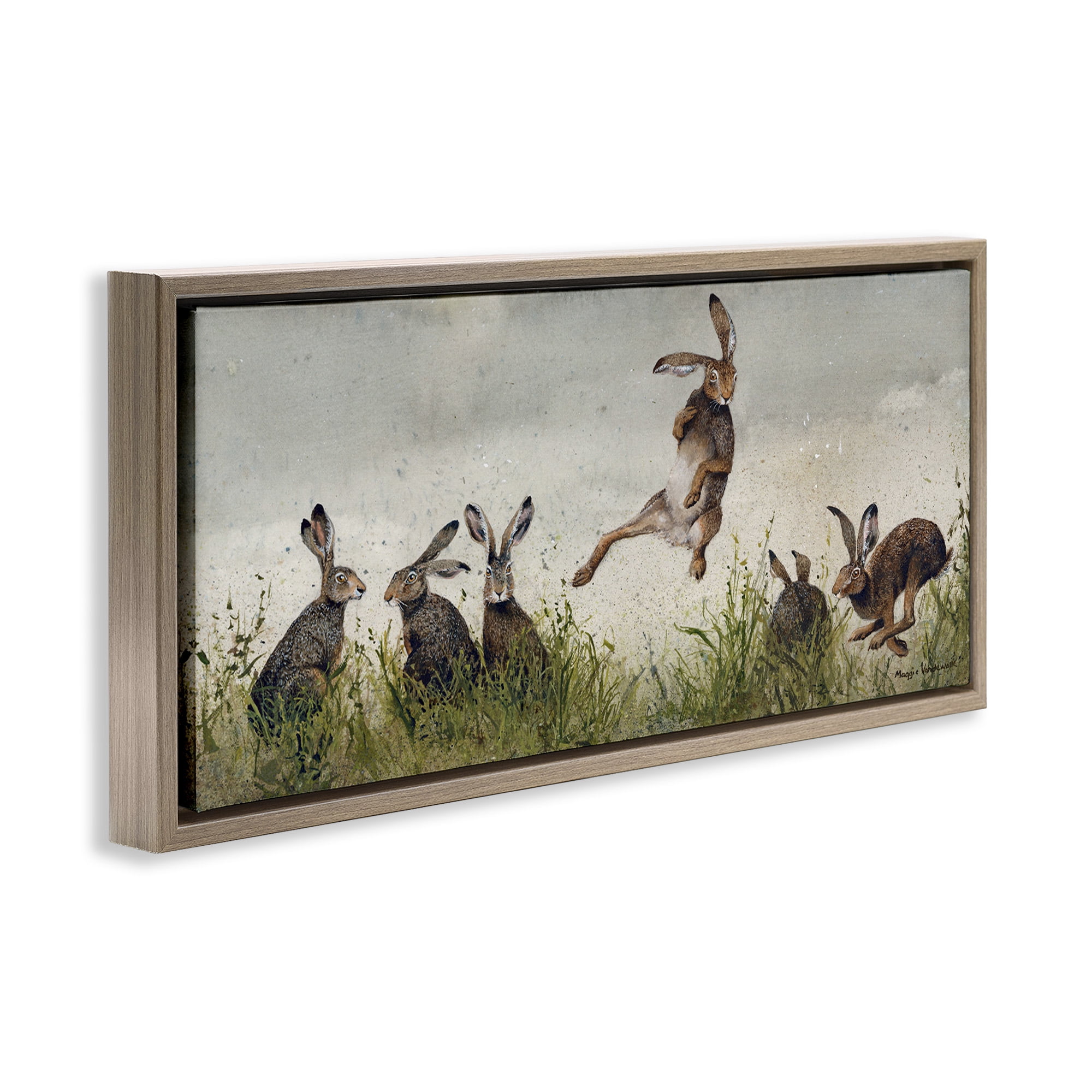Stupell Industries Jumping Hares in Wild Animals & Insects Painting Brown Floater Framed Canvas Art Print Wall Art, 31 x 14