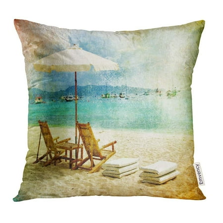 Cottage Style Decorative Pillows Golee Throw Pillow Cover Blue Vintage Tropical Beach Scene Retro Styled Hawaii Cottage Decorative Pillow Case Home Decor Square 18x18 Inches Pillowcase ()