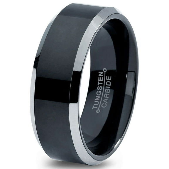 Charming Jewelers Tungsten Wedding Band Ring 8mm for Men Women Comfort Fit Black Beveled Edge Polished Brushed Lifetime Guarantee Size 4