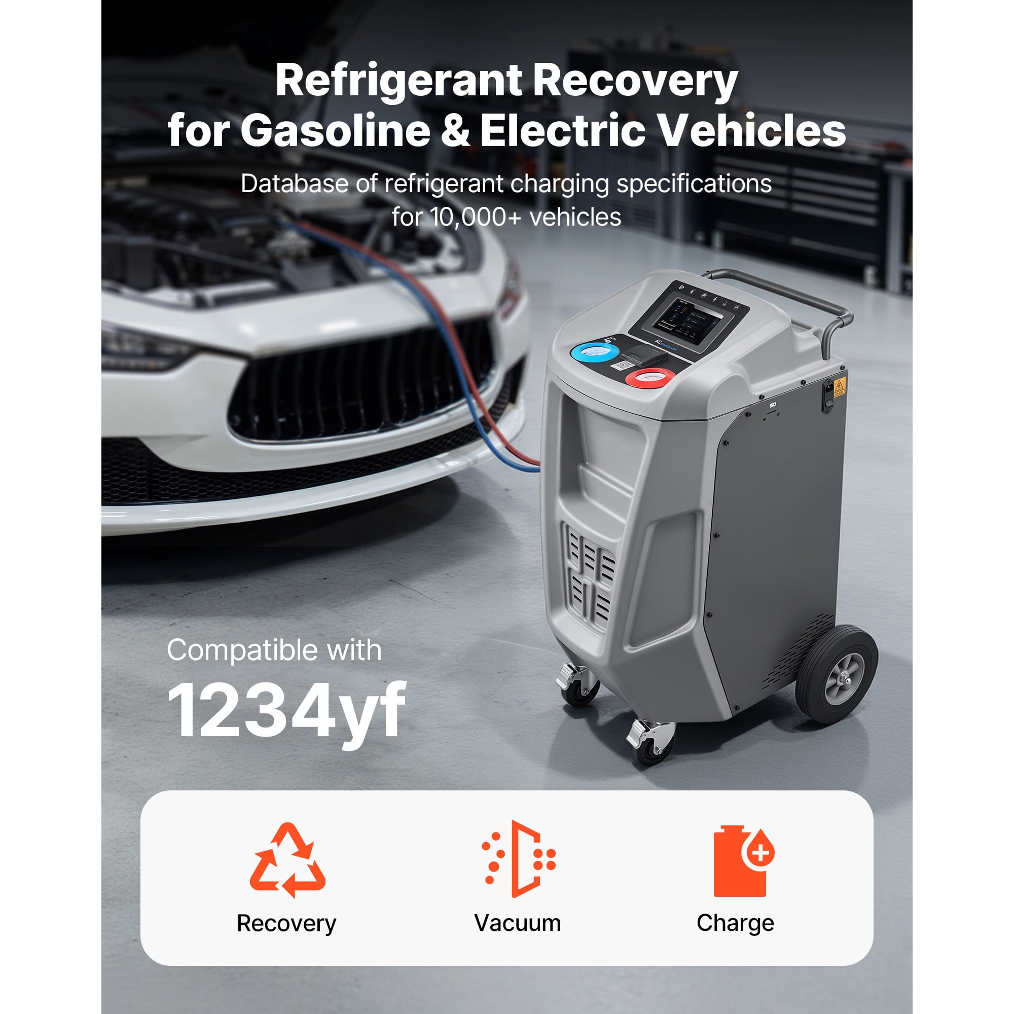 KFFKFF Fully Automatic Refrigerant Recovery Machine for 1234yf, High Accuracy, 7-Inch Touch Screen, AC Recovery, Vacuum, and Recharge for Standard and High Voltage Automotive A/C Systems