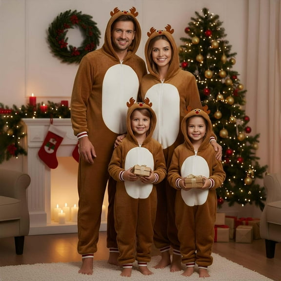 KinKnit Christmas Reindeer Costume for Family Flannel Deer Onesie with Hood One Piece Pajamas Cosplay Sleepwear Party Jumpsuit