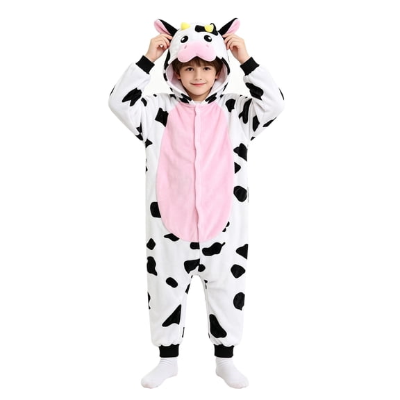 Ruyang Kids Plush Cow Hooded Jumpsuit Flannel Animal Role Play Dress Up Bodysuits Boys Girls Holiday Theme Party Outfit