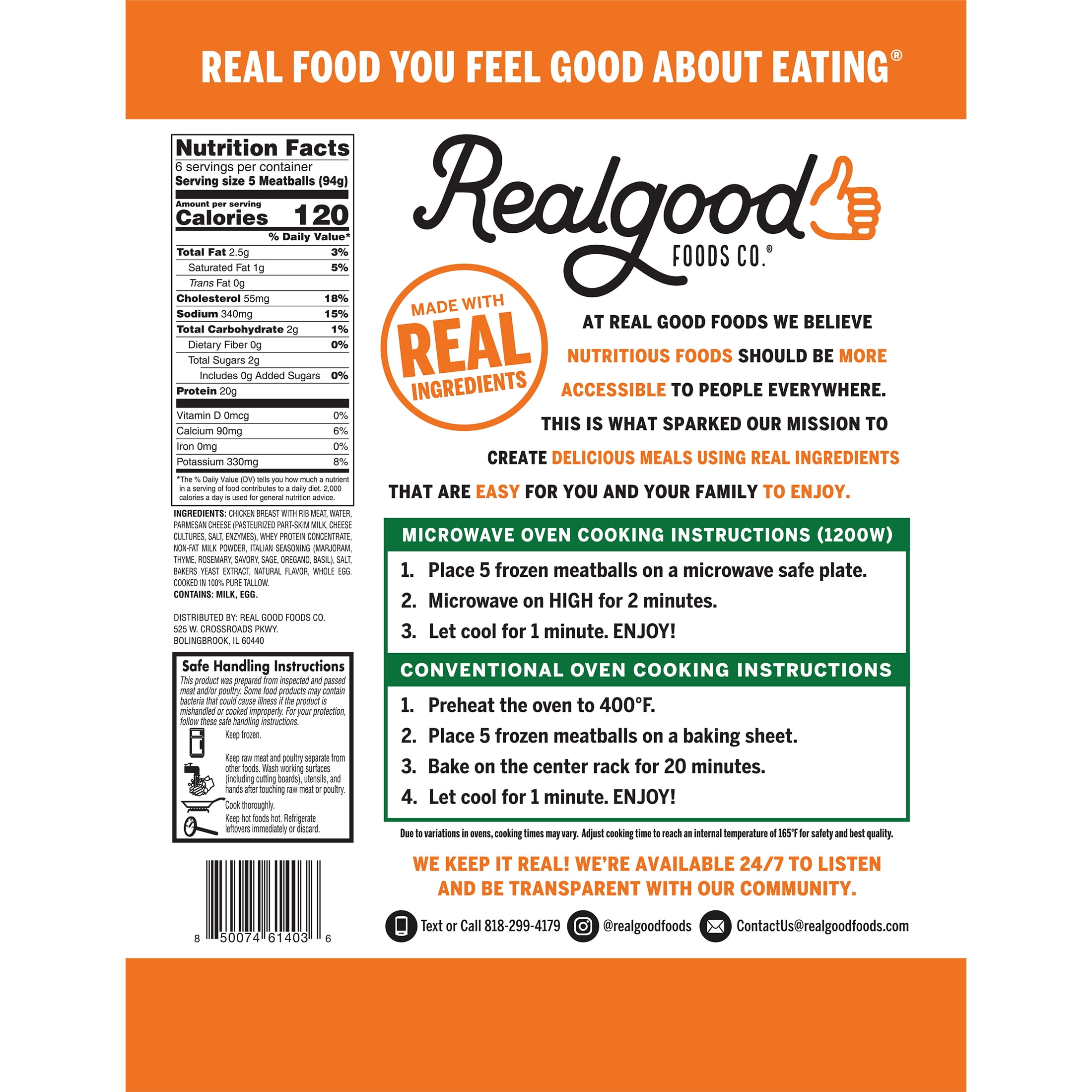 Realgood Foods Co. Gluten-Free Italian Style Fully Cooked Chicken Meatballs, 20oz Bag (Frozen)