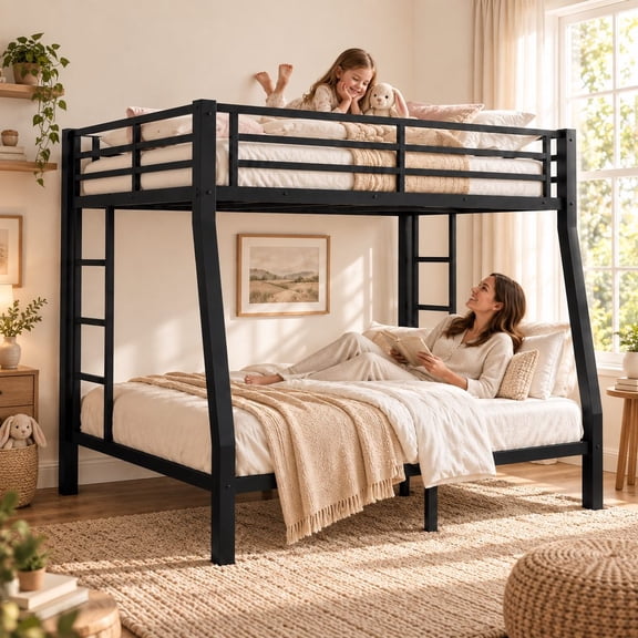UHOMEPRO Metal Twin XL over Queen Bunk Bed, Heavy Duty Bed Frame with Guardrails and Ladders, No Box Spring Needed