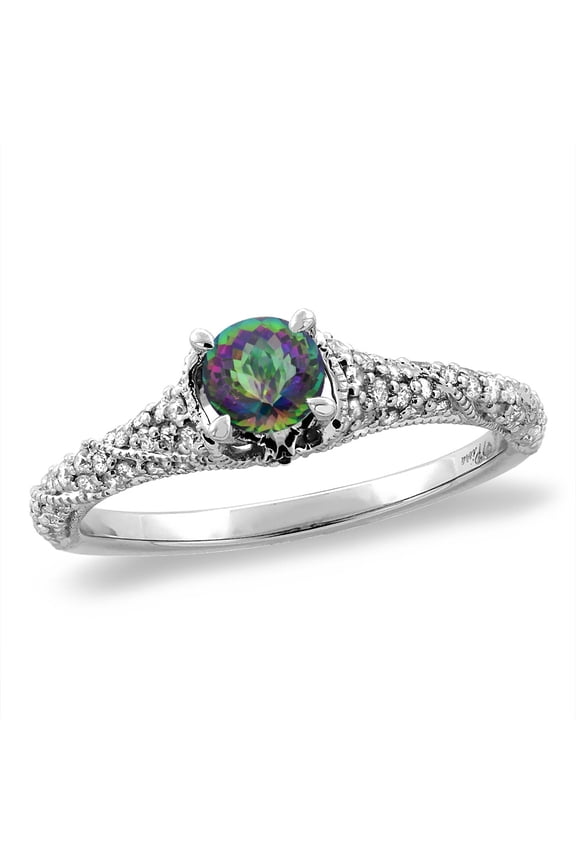14K White Gold Diamond Natural Mystic Topaz Engagement Ring Round 4 mm, size 5