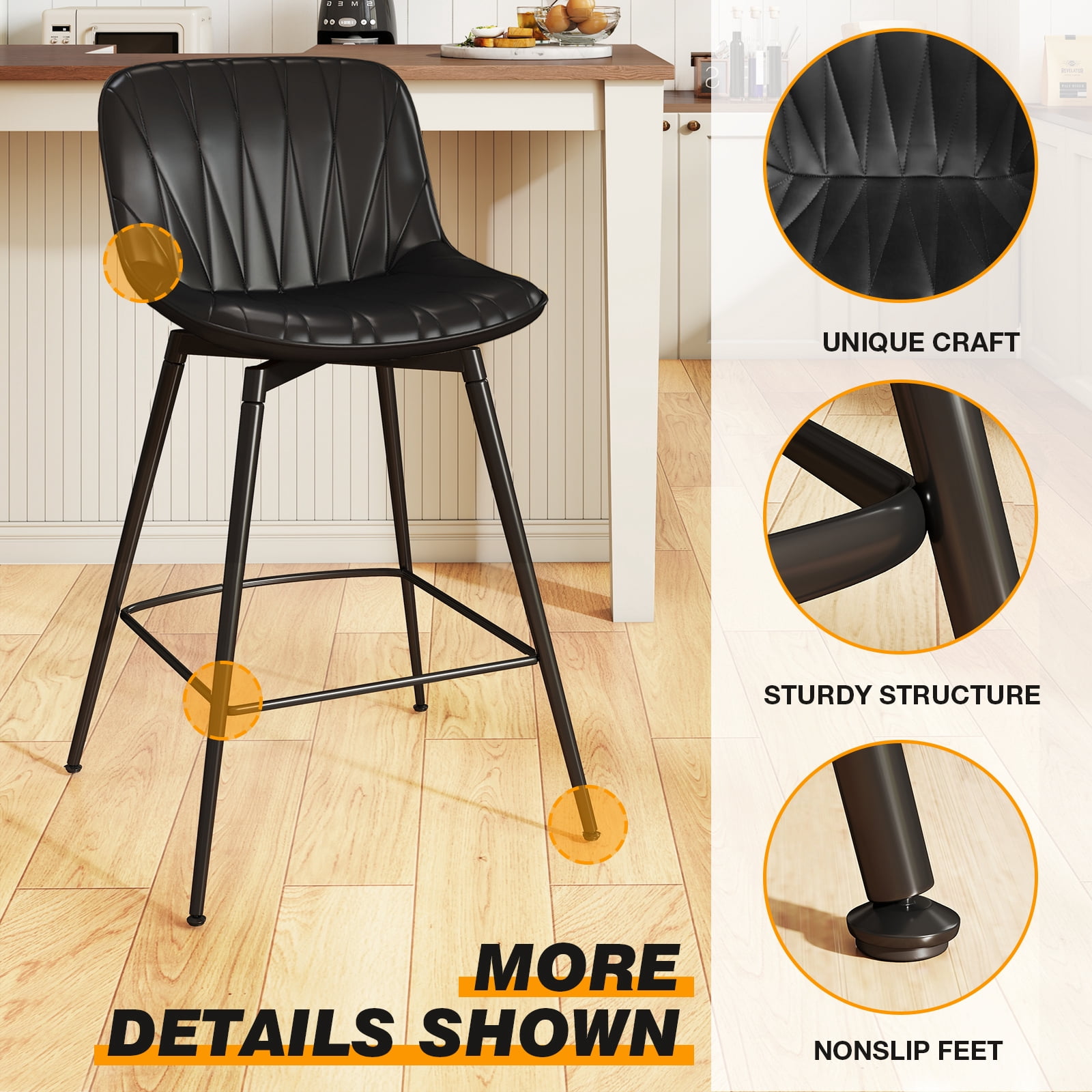 Modern 30" Swivel Bar Stools Set of 2 with Back & Footrest, Upholstered Counter Height Bar Chairs for Kitchen Island, PU Leather in Black