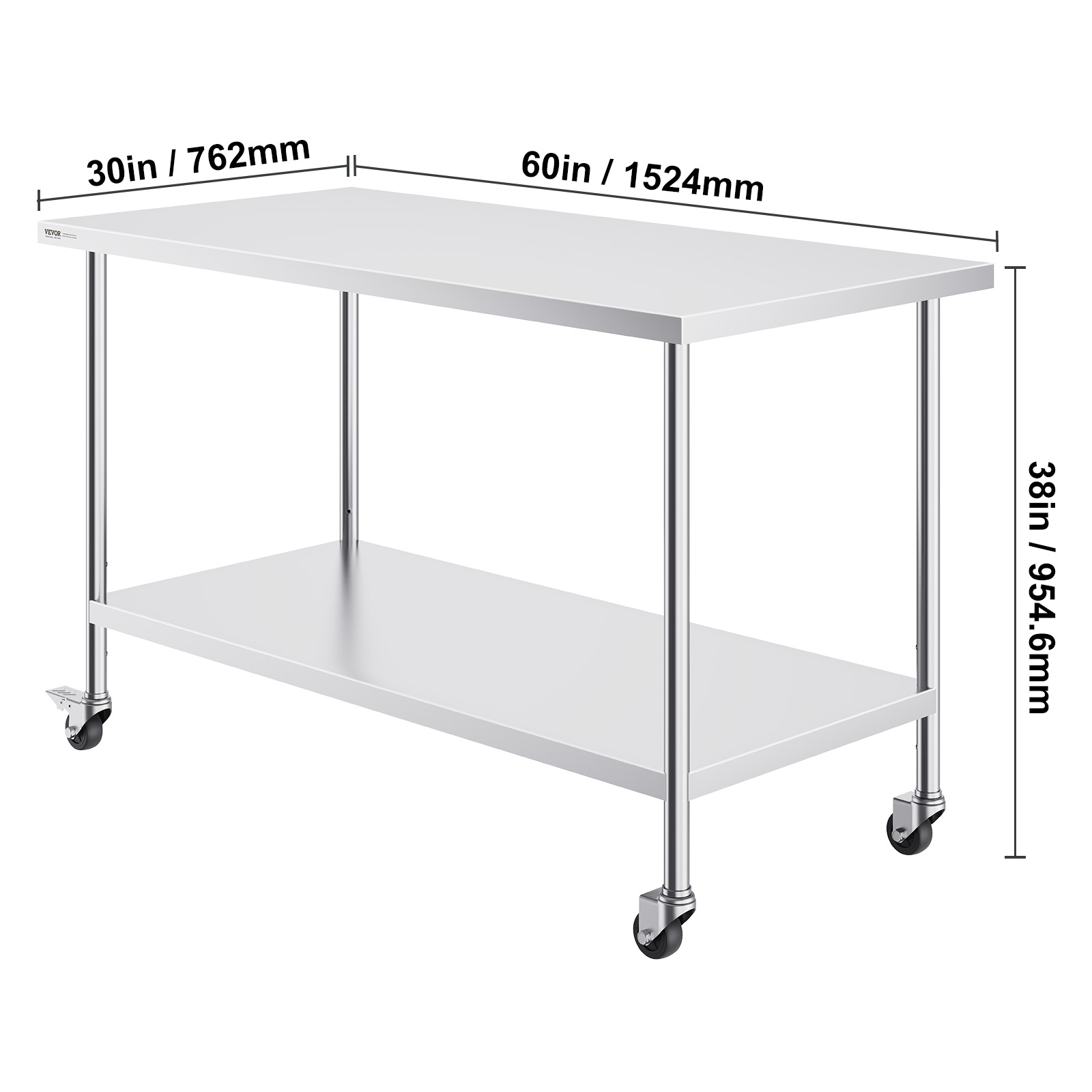 VEVOR Stainless Steel Work Table 30 x 60 x 38 Inch, with 4 Wheels, 3 Adjustable Height Levels, Heavy Duty Food Prep Worktable for Commercial Kitchen Restaurant, Silver