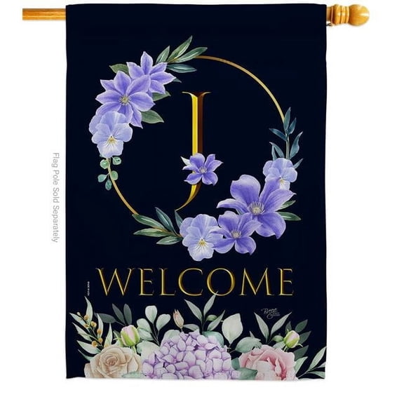Breeze Decor H130244-BO 28 x 40 in. Welcome J Initial House Flag with Spring Floral Double-Sided Decorative Vertical Flags Decoration Banner Garden Yard Gift