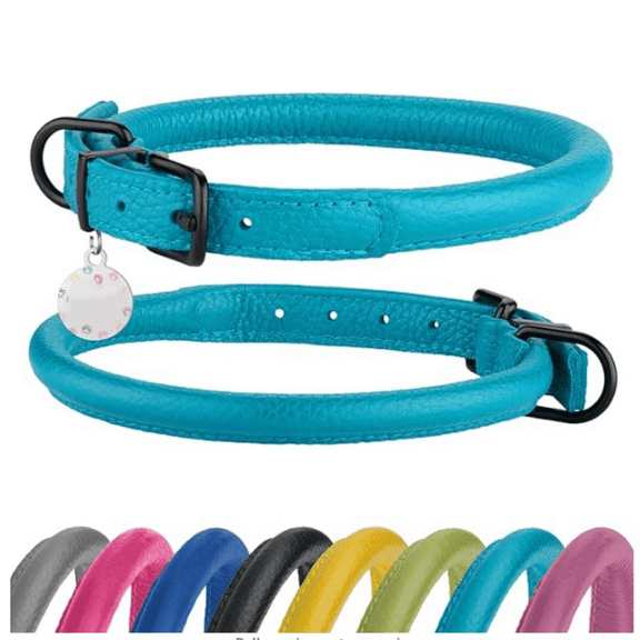 Rolled Leather Dog Collar Soft Round Collars, Tag for Small Medium Large Dogs (7-10 inch, Aqua Blue)