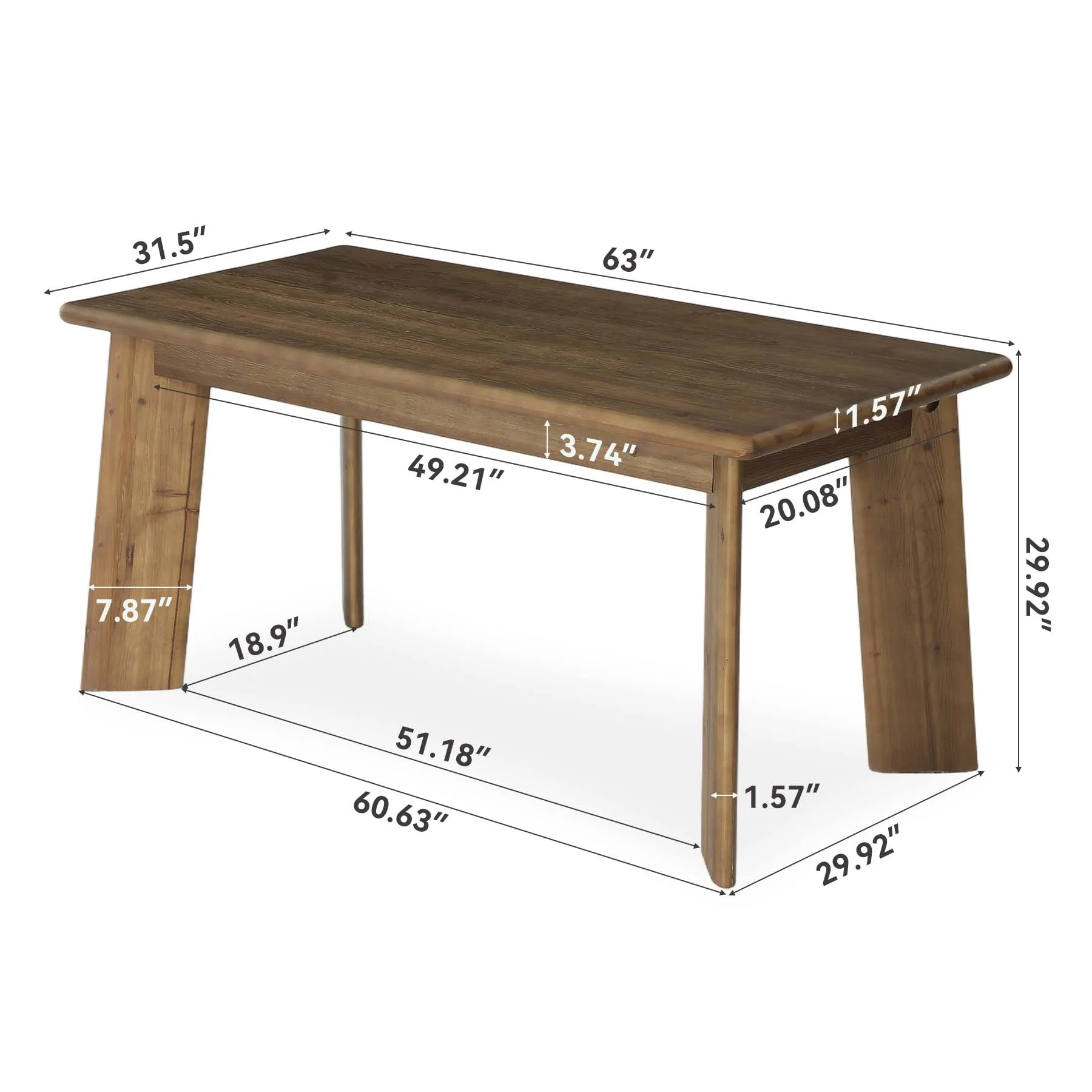 Hommoo 63 Inch Solid Wood Farmhouse Dining Table for 4-6 People, Rectangular Kitchen Table with Angled Legs, Vintage Chestnut Finish, Sturdy Cross-Brace Design, Brown