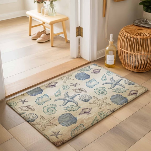 Entryway Rug 2'x3', Summer Coastal Kitchen Runner Rugs Non-Slip Carpet Mats, Marine Beach Seashell Starfish Conch Beige Bedside Rugs Runners Washable Floor Carpet for Bathroom Laundry Room