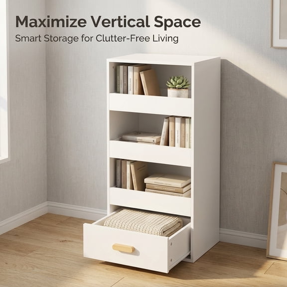 White 4-Tier Freestanding Bookshelf with Bottom Drawer, Modern Engineered Wood Narrow Bookcase Storage Cabinet for Bedroom, Living Room, Home Office and Kids Room, 18.9"W x 15"D x 42.1"H